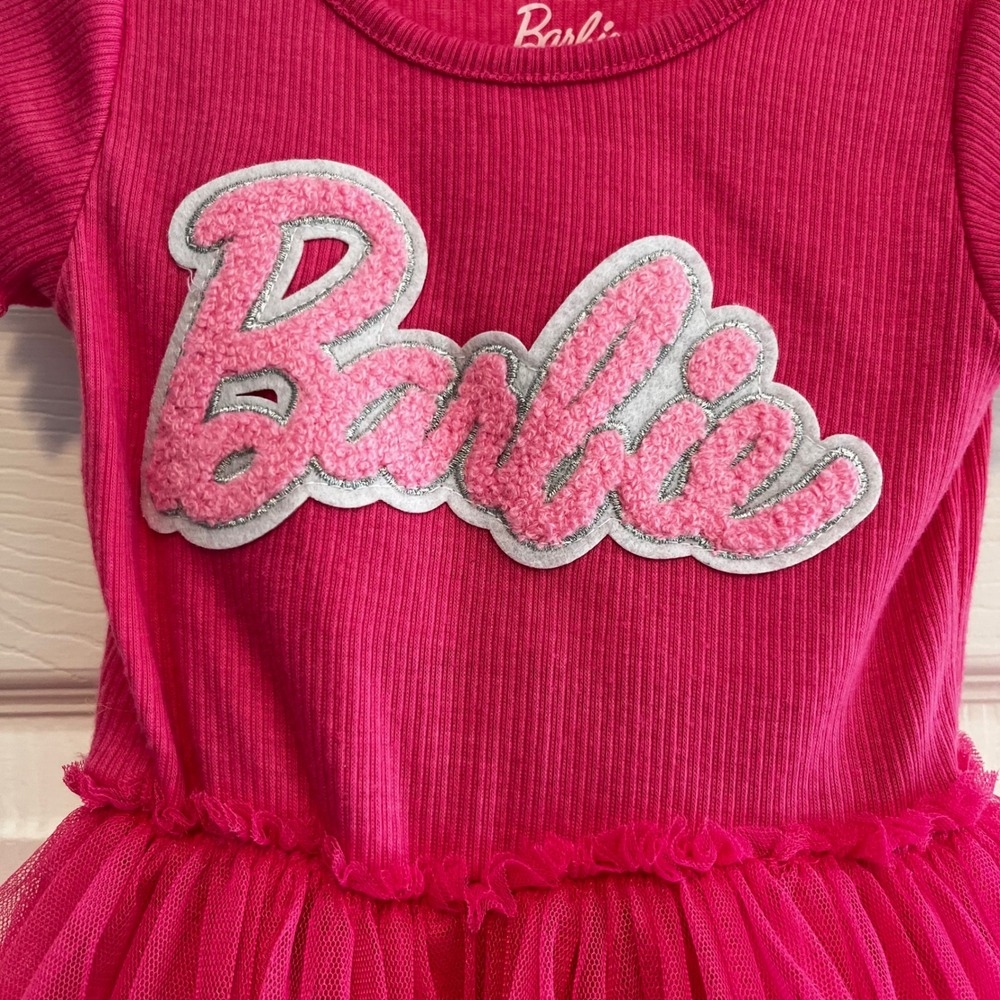 Barbie Dress 18M Pink Ruffle Tulle Sparkle Logo Adorable Infant Girl - Picture 3 of 7